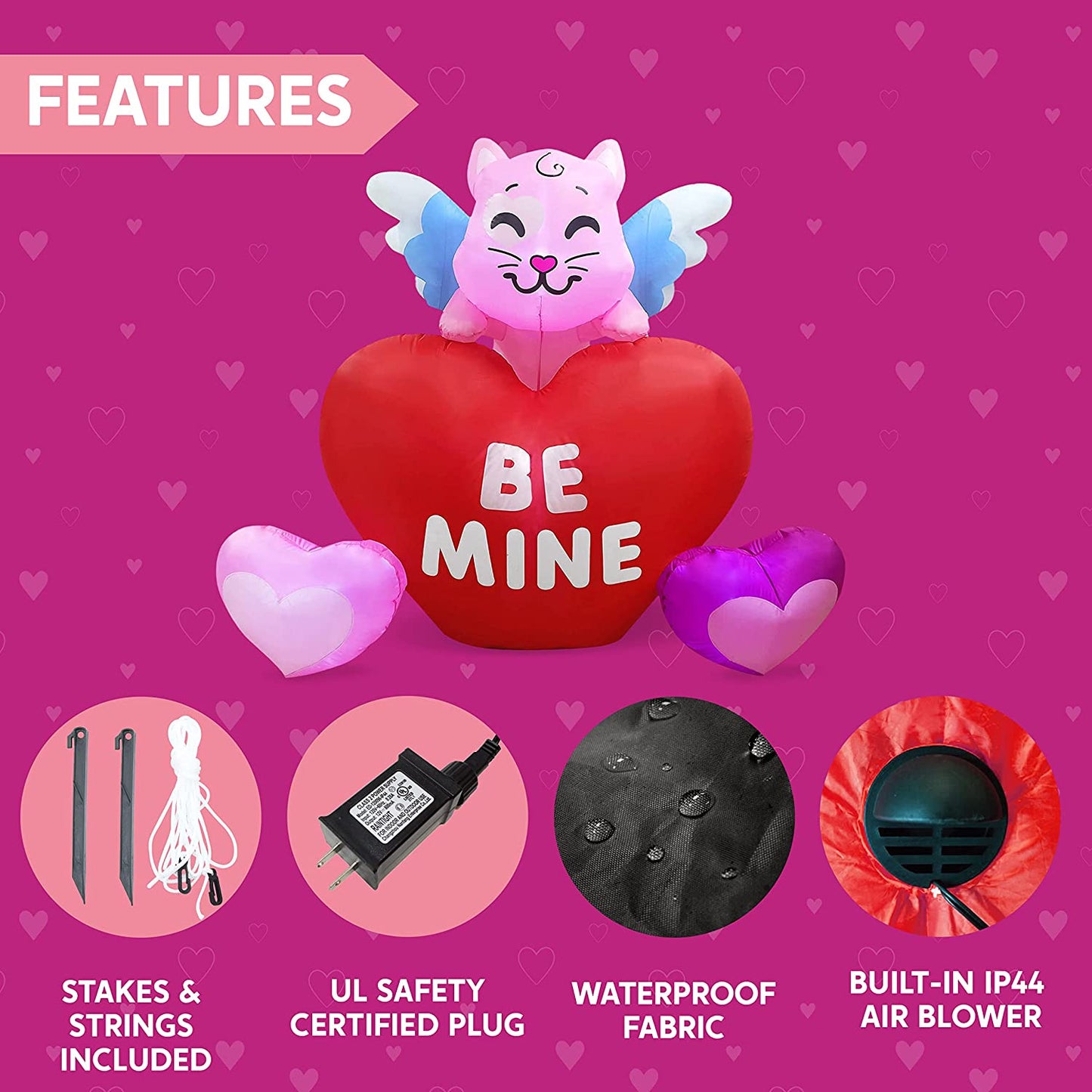 6 FT Long Valentines Day Inflatable Kitty on Hearts, Blow Up Cat with Build-in LED Lights