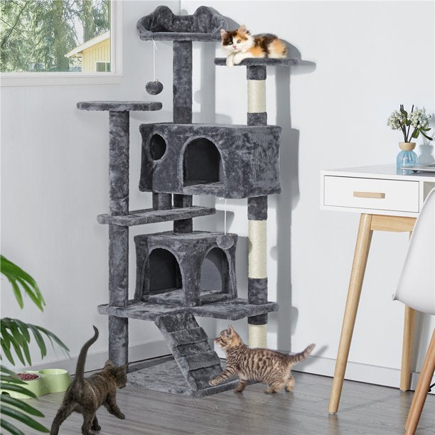 54.5" Double Condo Cat Tree w/ Scratching Post Tower- Dark Gray