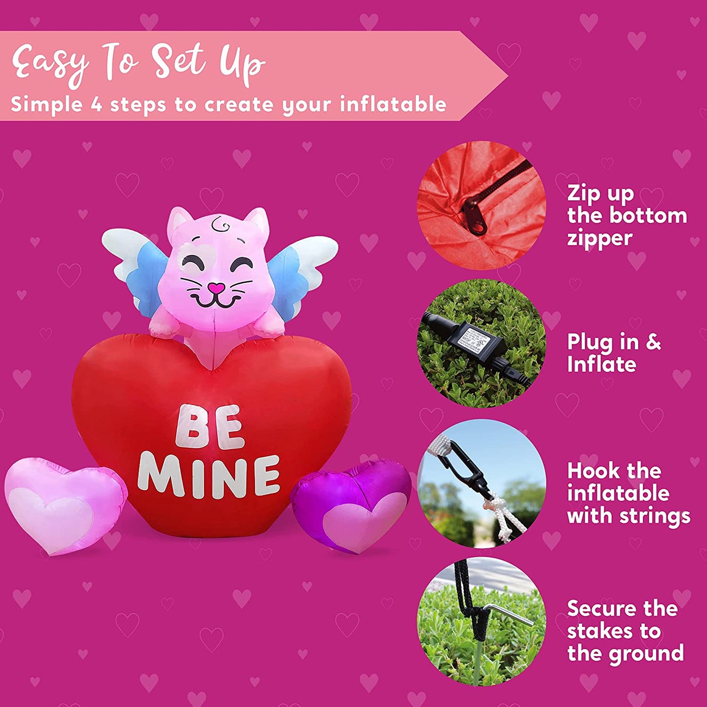 6 FT Long Valentines Day Inflatable Kitty on Hearts, Blow Up Cat with Build-in LED Lights