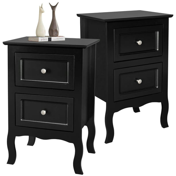 Set of 2 Nightstand Bedroom Bedside Table w/ Drawers Storage, Country Style w/ Metal Handle, Black