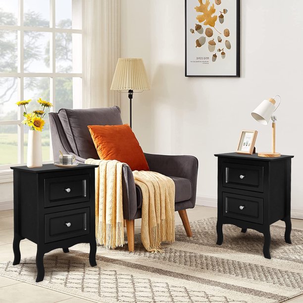 Set of 2 Nightstand Bedroom Bedside Table w/ Drawers Storage, Country Style w/ Metal Handle, Black