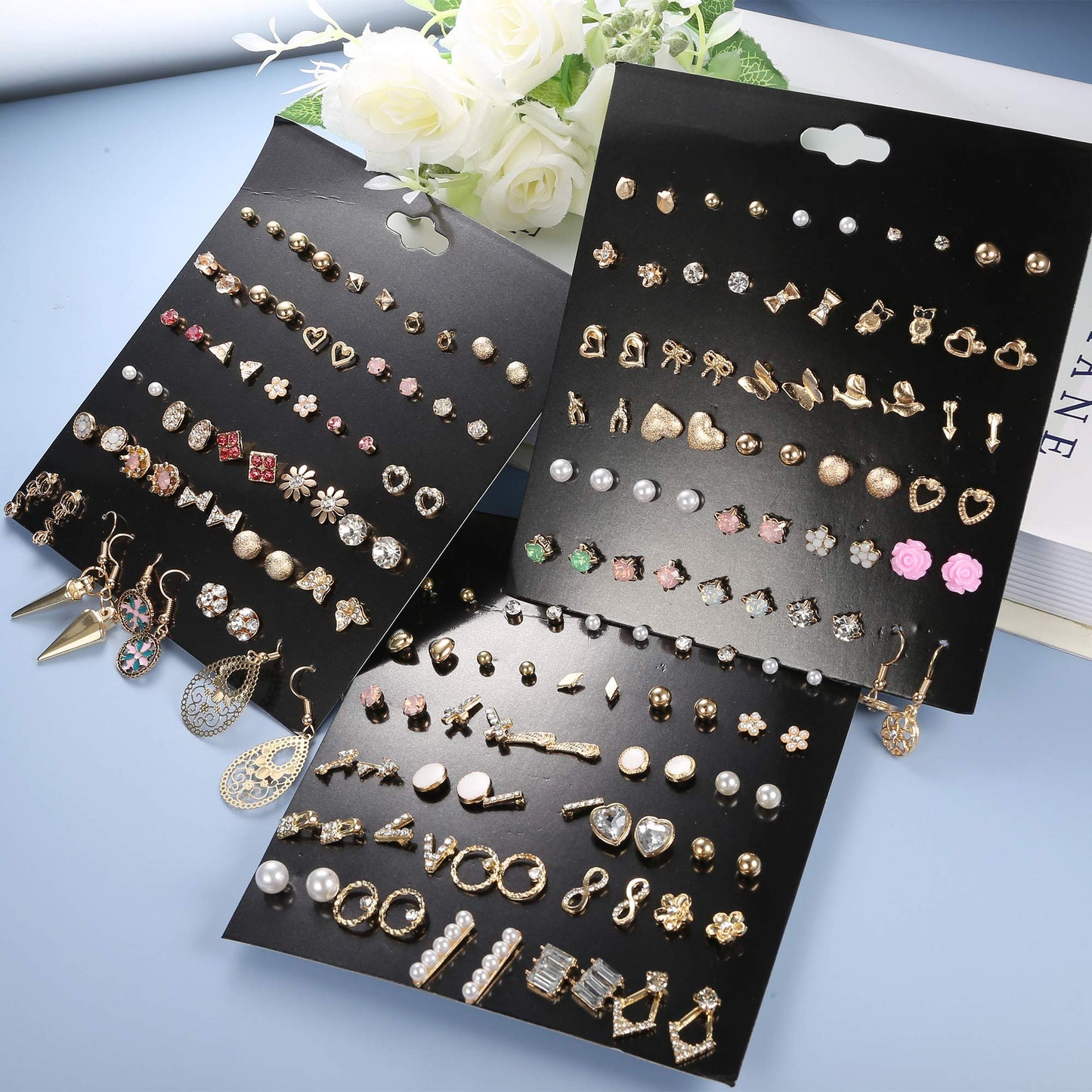 90 Pairs Assorted Multiple Small Stud Cute Bar Geometric Arrow Bow CZ Ball Faux Pearl Earrings Set