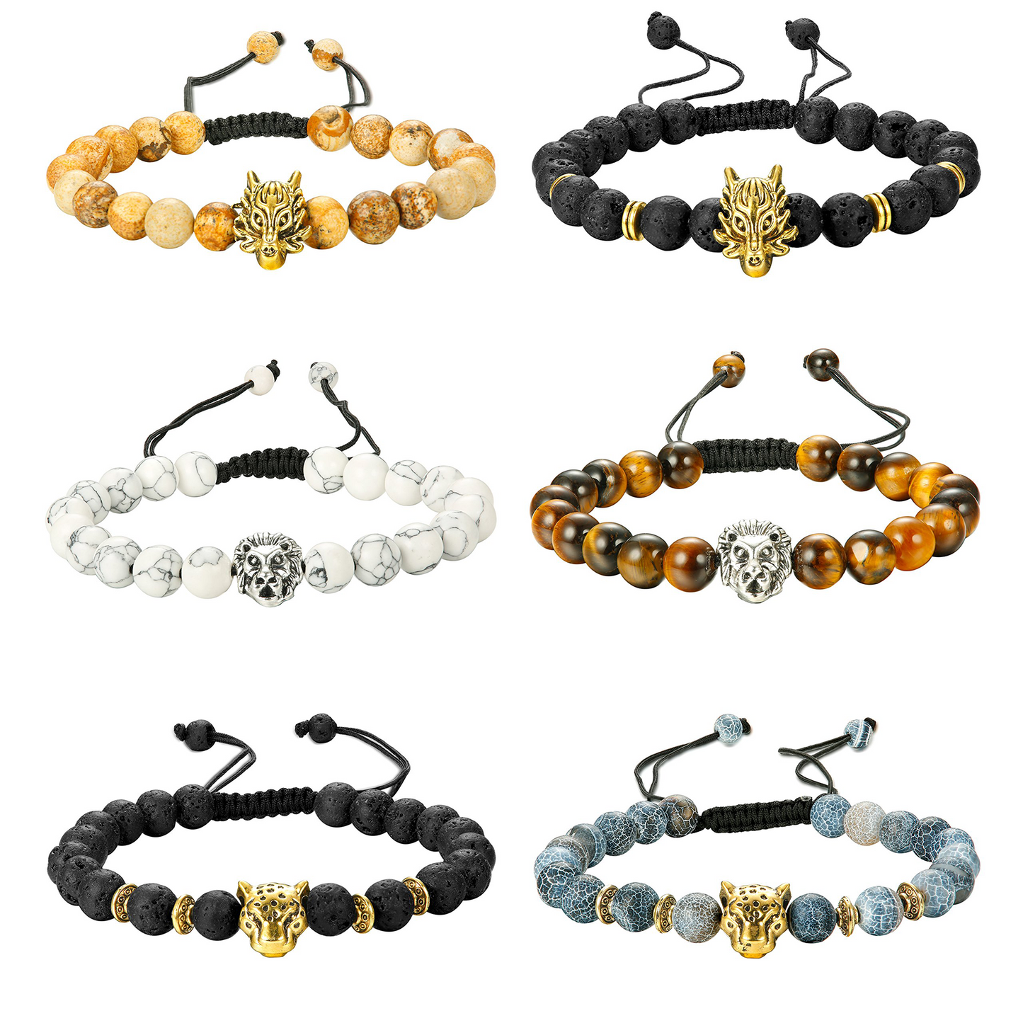 6PCS Mens 8mm Bead Bracelets Set Natural Stone