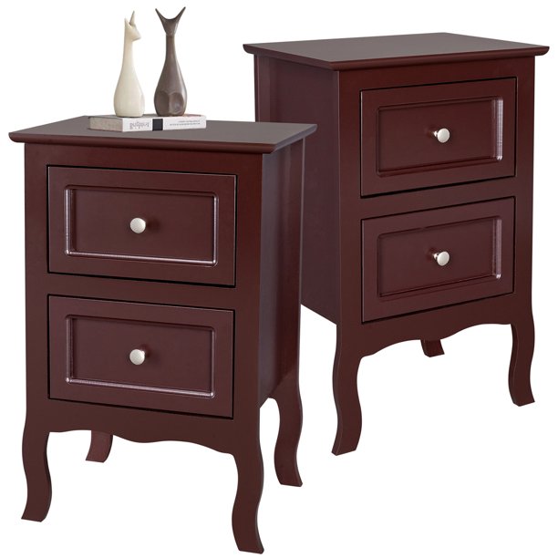 Set of 2 Nightstand Bedroom Bedside Table w/ Drawers Storage, Country Style Night End Table w/ Handle Brown