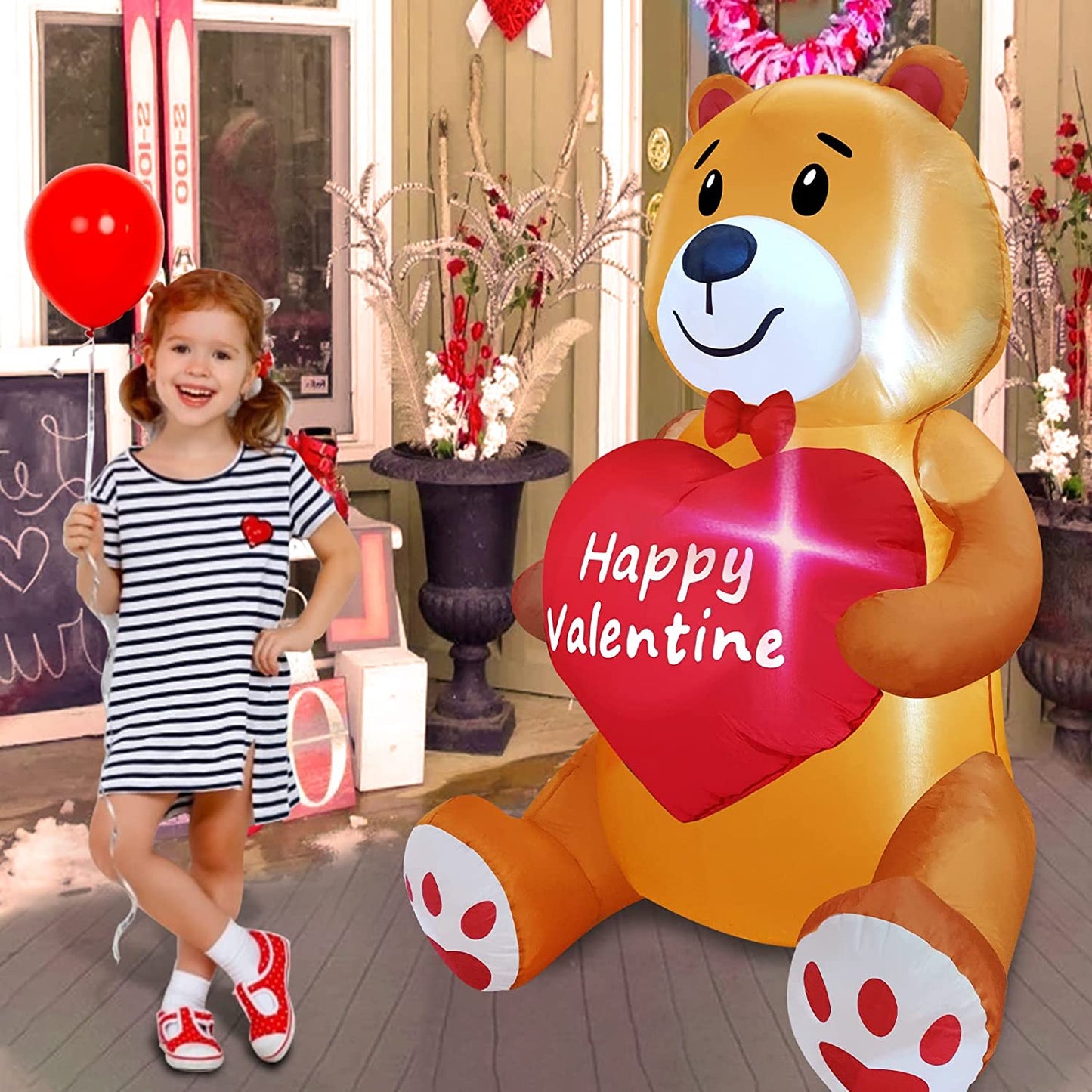 4 Ft Valentine's Day Inflatable Outdoor Teddy Bear Holds Love Heart LED Lighted