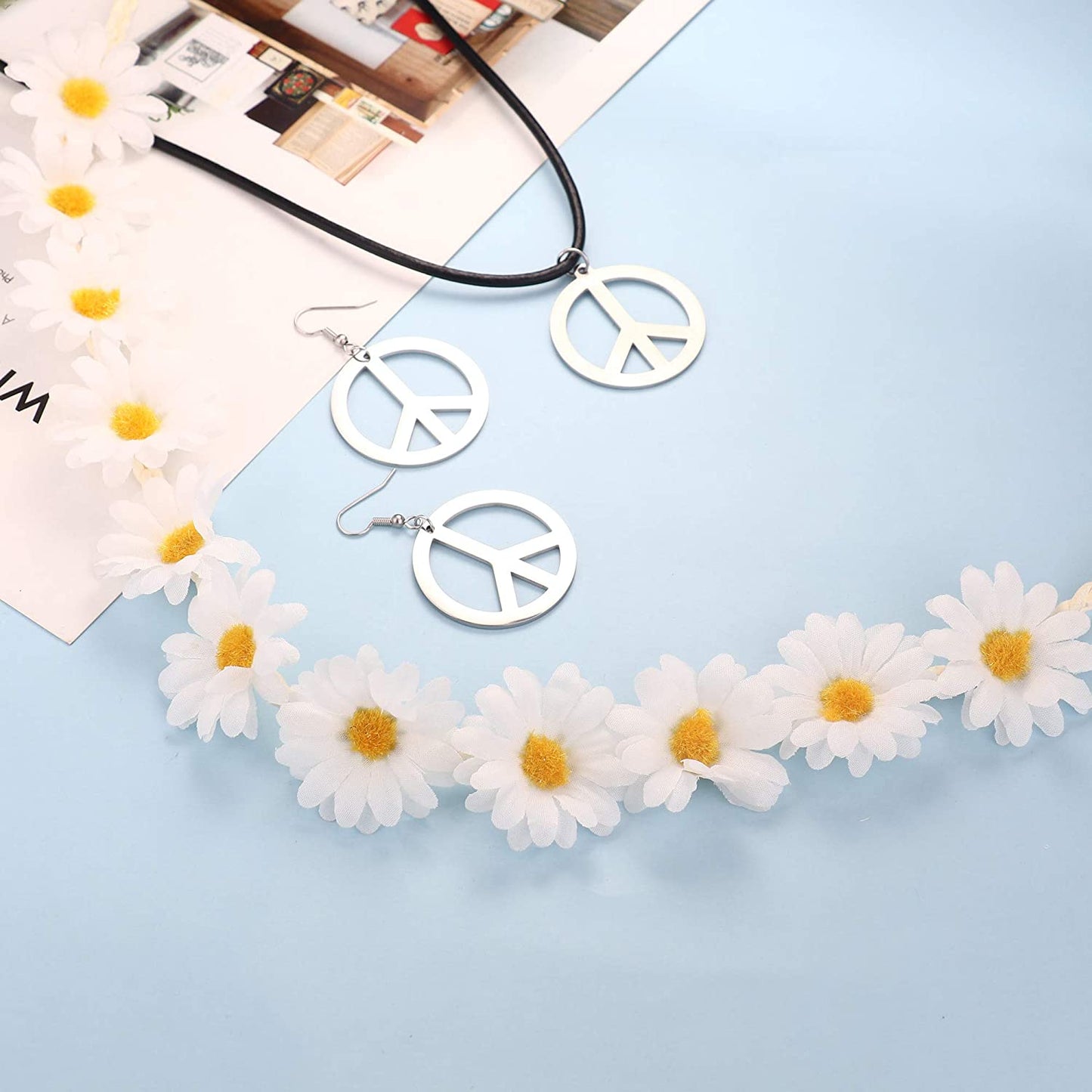 Hippie Costume Set, Peace Sign Necklace, Peace Sign Earrings, Flower Crown Headband Jewelry Accessories