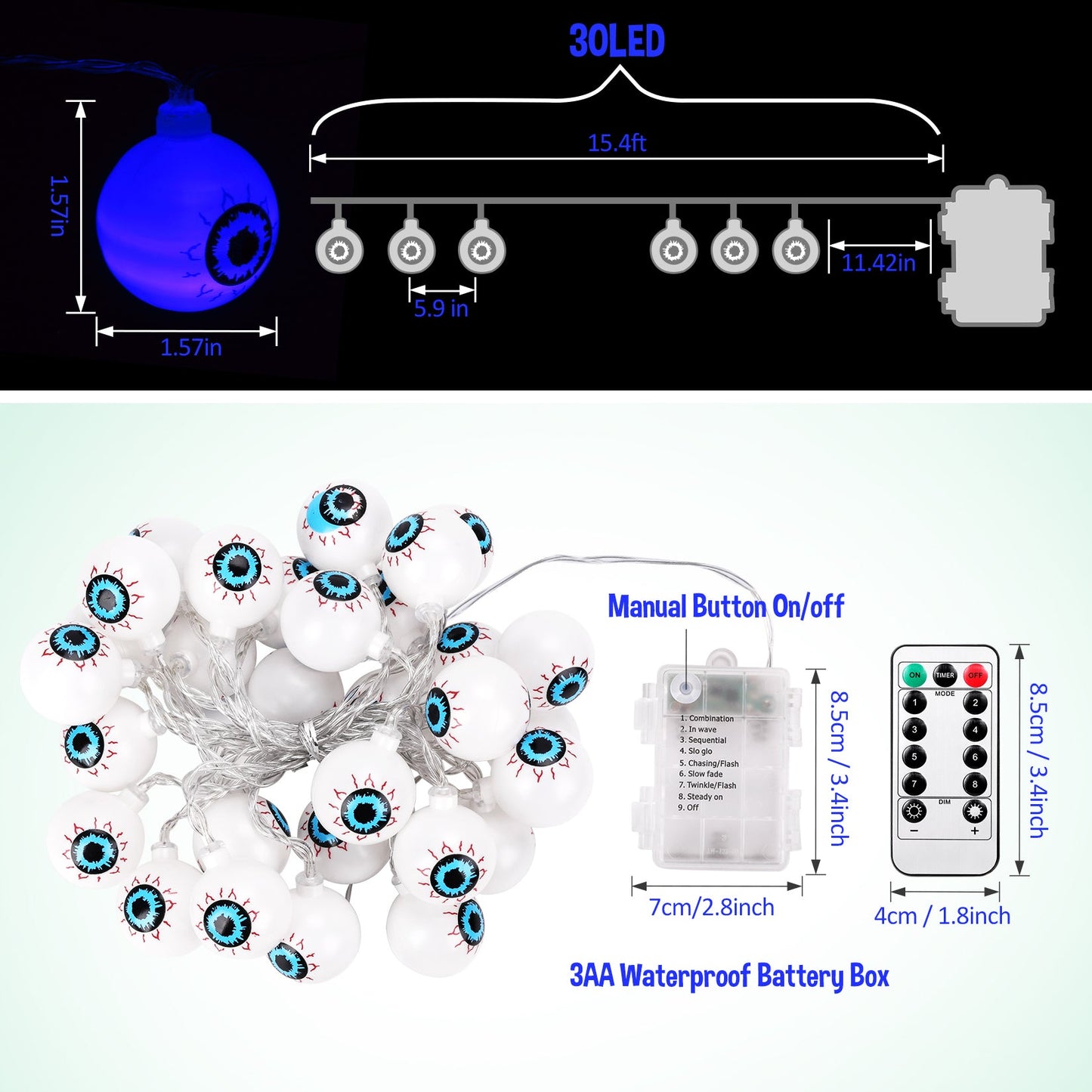 30 LED Halloween Eyeball String Lights 8 Modes w/ Remote