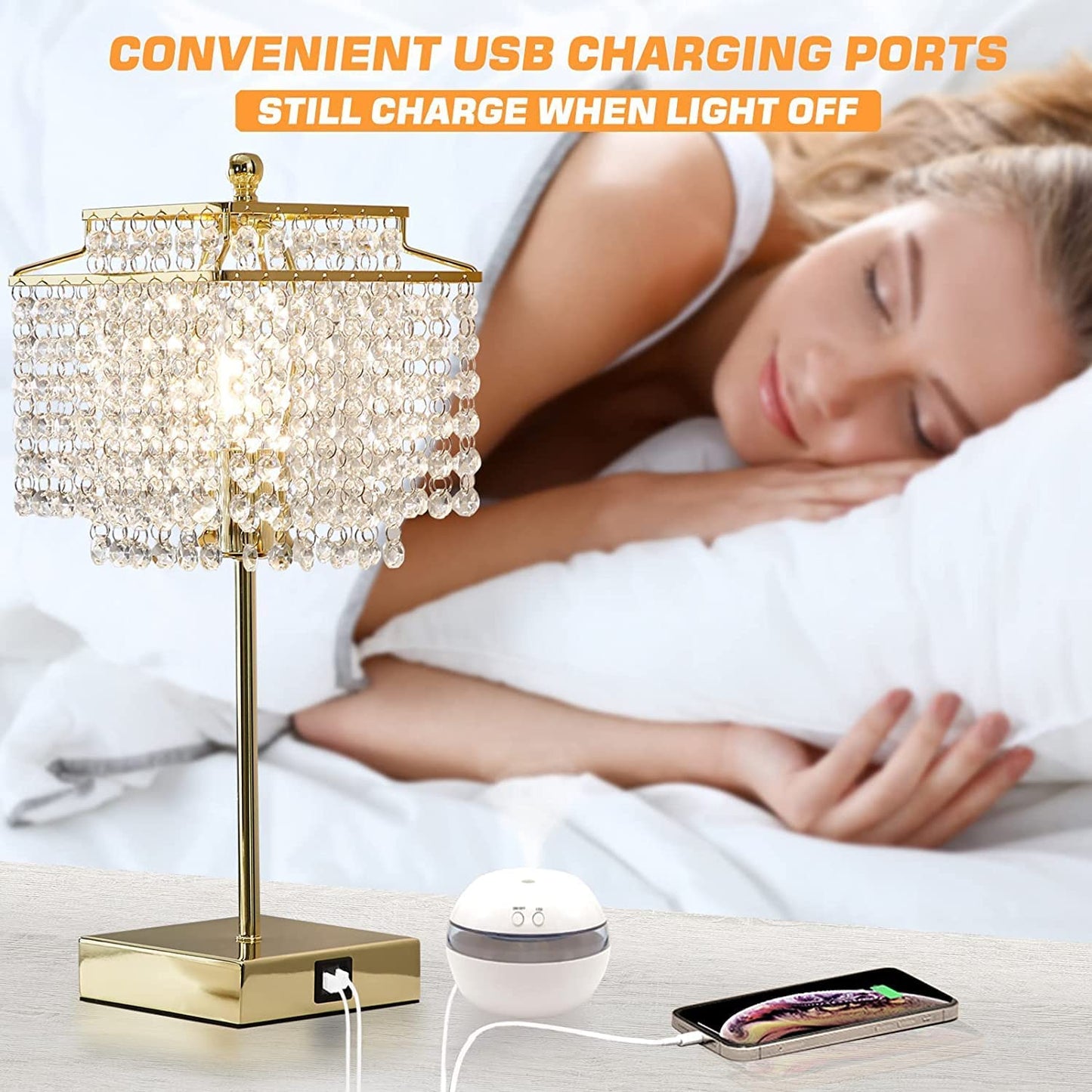 Touch Control USB Bedside Crystal Table Lamp Gold