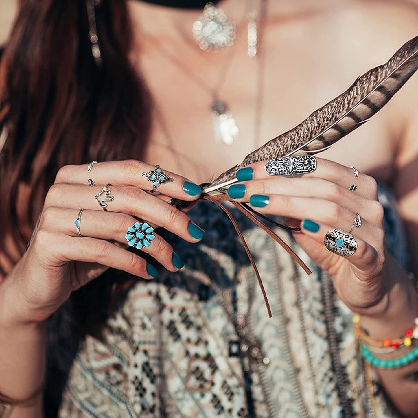 Bohemian Turquoise Pendant Suede Long Choker Necklace Vintage  Dangle Earrings Boho Cuff Bracelet with Stackable Knuckle Rings Set