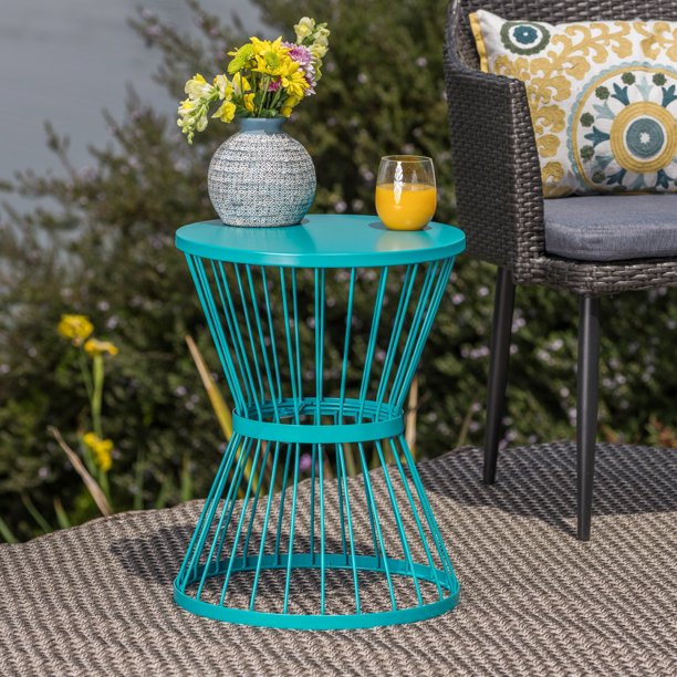 Outdoor 16 Inch Iron Side Table, Matte Teal