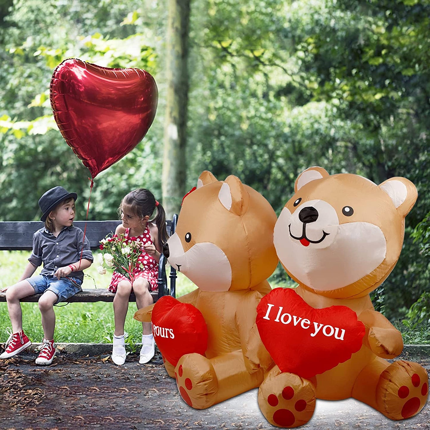 4 FT Valentine's Day Inflatable Bear w/ Heart & LED Lights, Romantic I Love You Decor