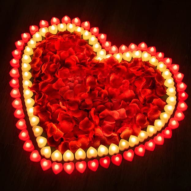 1000 Pieces Artificial Rose Petals with 24Pcs Heart Shaped LED Candles Flameless, Warm White