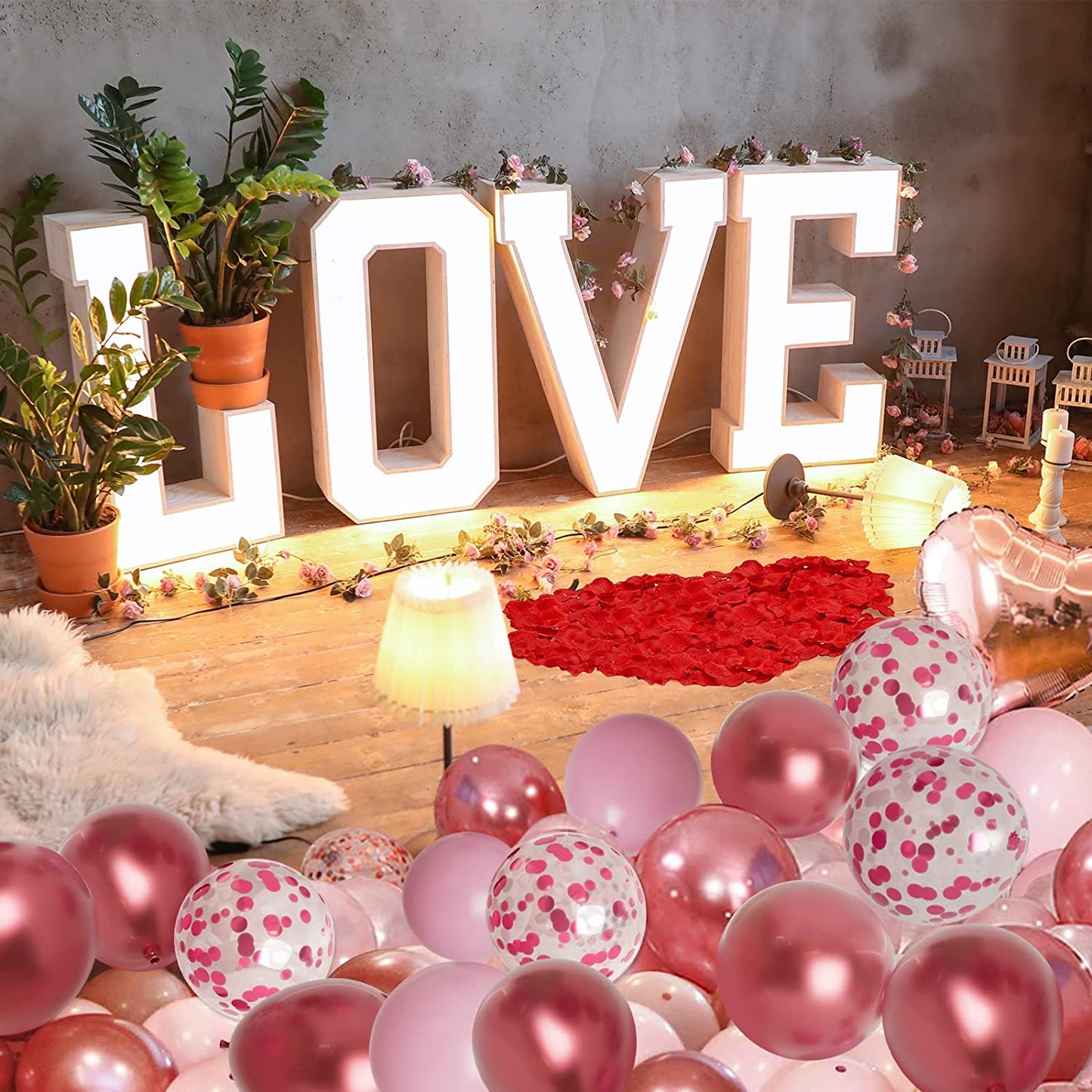 Valentines Day Balloons Kit with Rose Gold Pink Heart Balloons Rose Petals