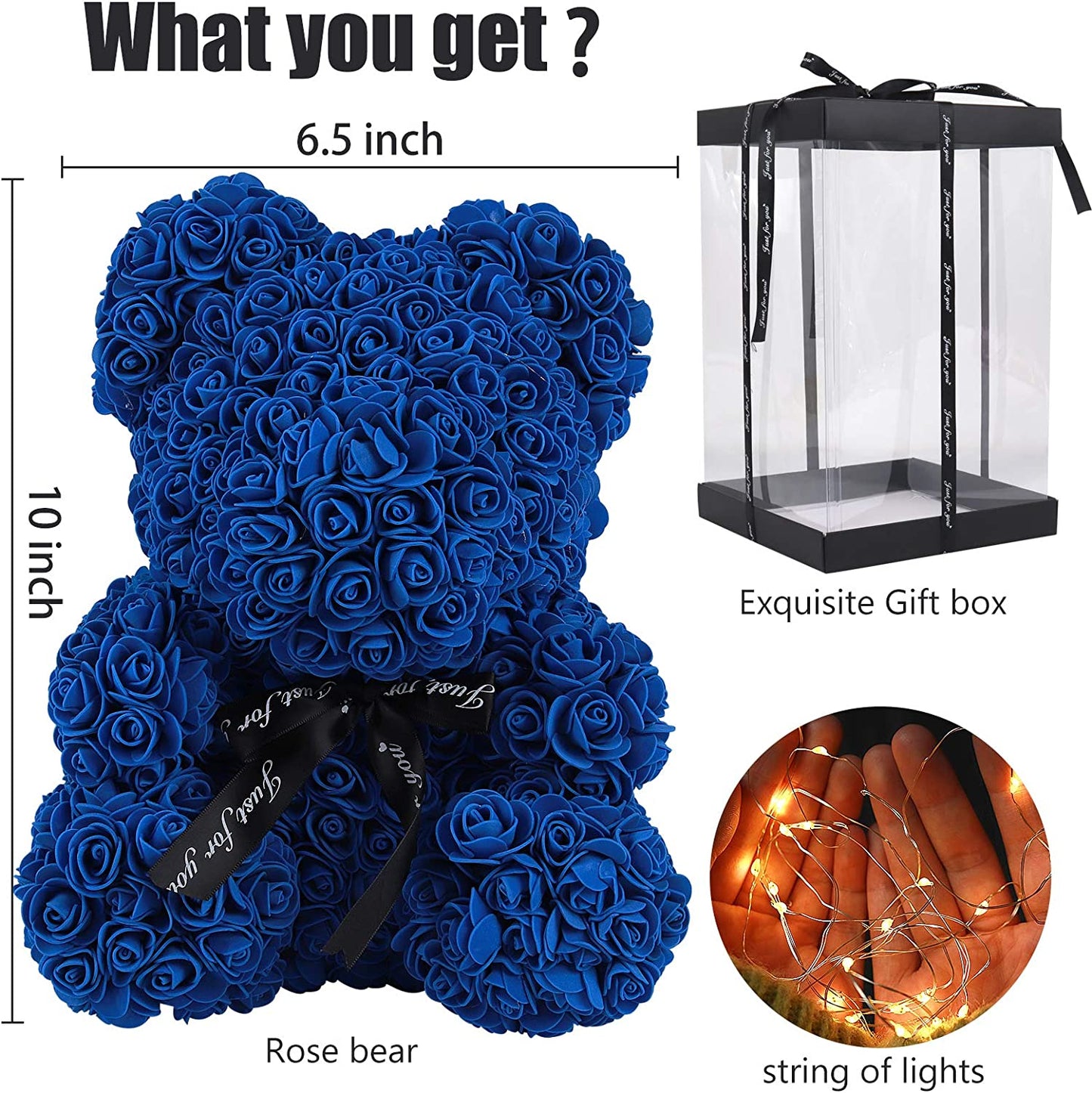 Rose Teddy Bear,10" Flower Bears w/ Lights, Foam Artificial Flower (A-Royal Blue)