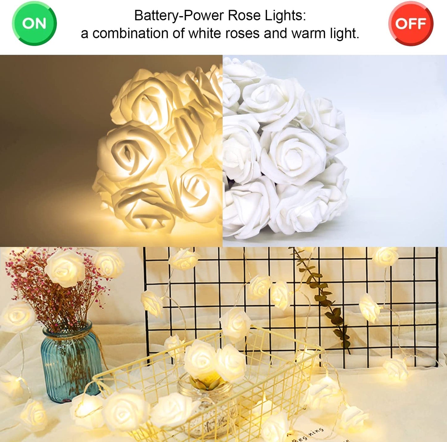 Valentines Day Rose Lights, 16.4ft 30 LED Flower String Lights with 8 Modes, Warm White