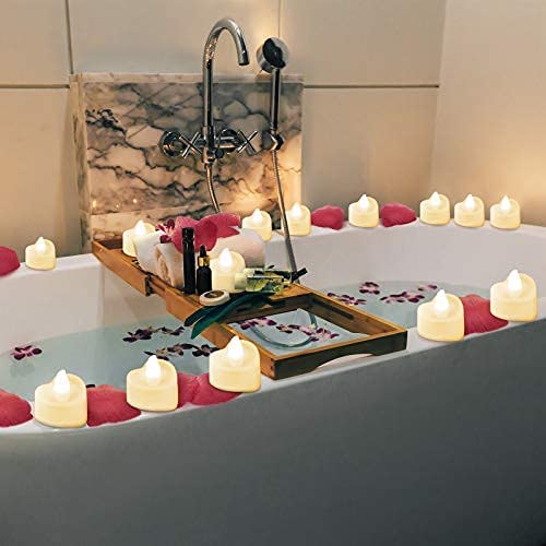 12 Pieces Heart Shape LED Tealight Candles w/ 200 Pieces Silk Rose Petals (Yellow Light, Dark Red Petal)