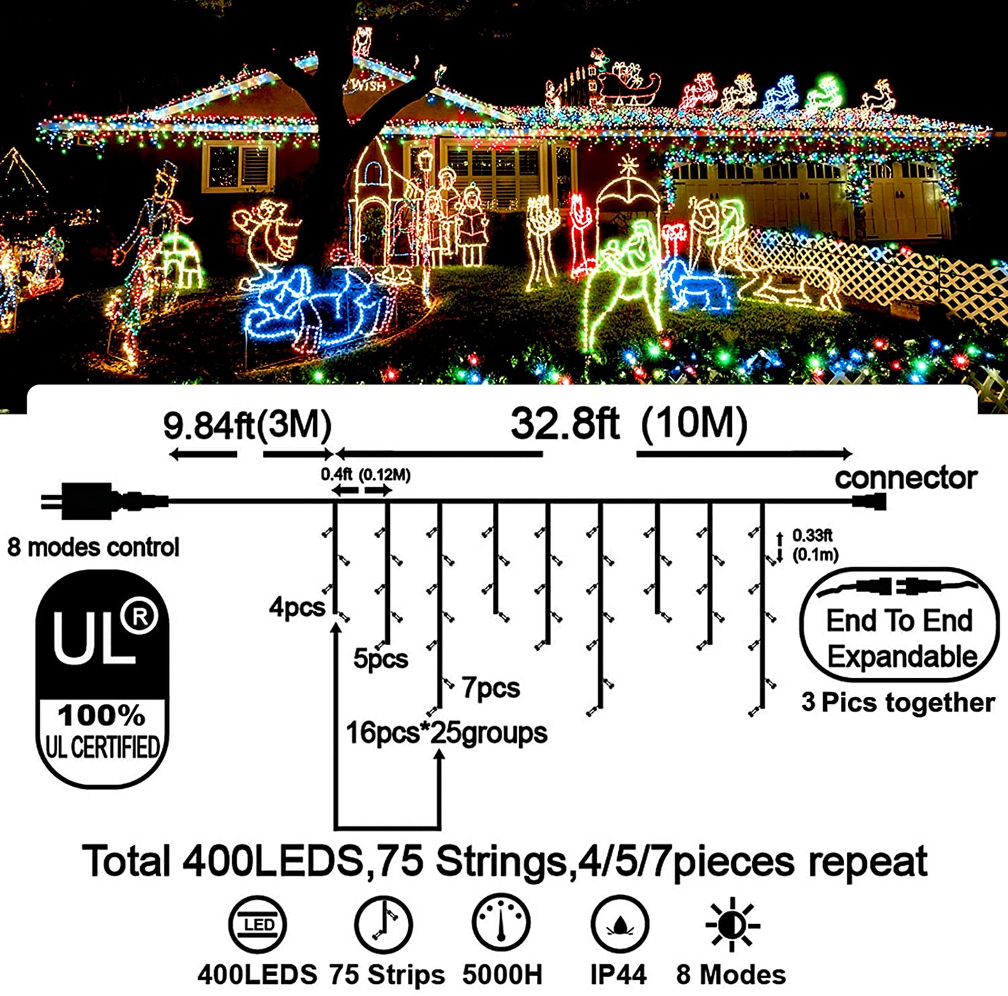 400 LED 32.8 FT 8 Modes 75 Drops Fairy String Curtain Lights for Christmas Decor