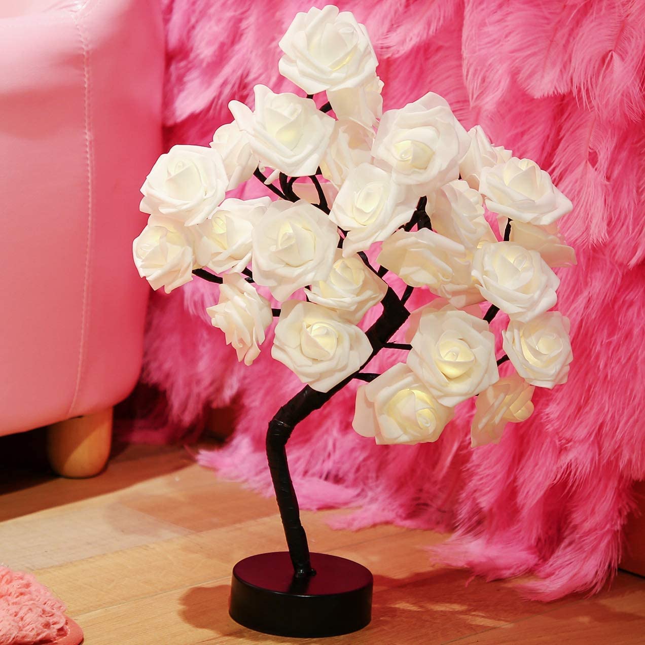 2 Pieces LED Rose Tree Lamp 18" H 32LT LED Artificial Bonsai Tree Night Light, Warm White