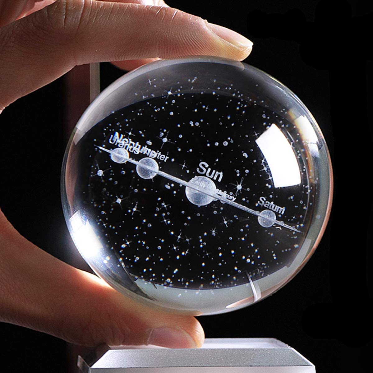 3D Solar System Crystal Ball with LED Colorful Lighting Touch Black Base, Science Astronomy