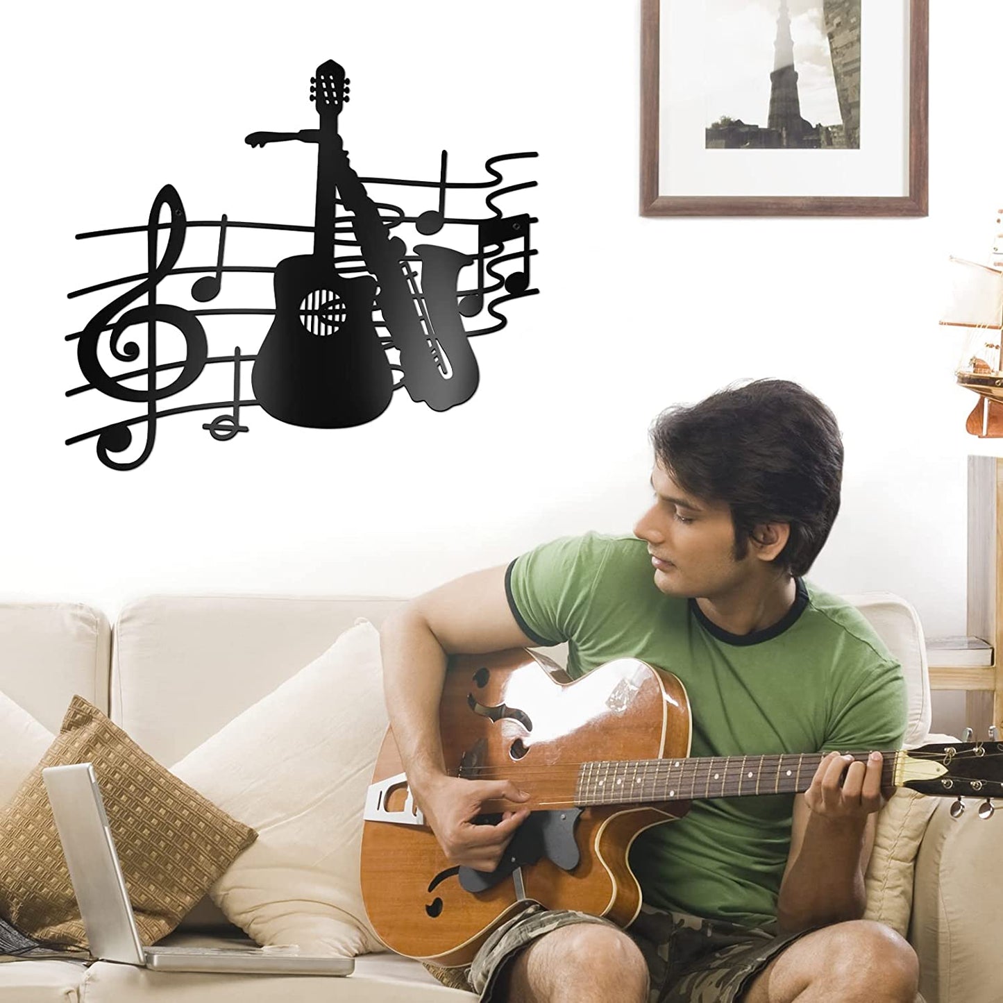 Music Metal Wall Art Guitar & Saxophone Sculpture Music Theme Note 15.75x14.17in