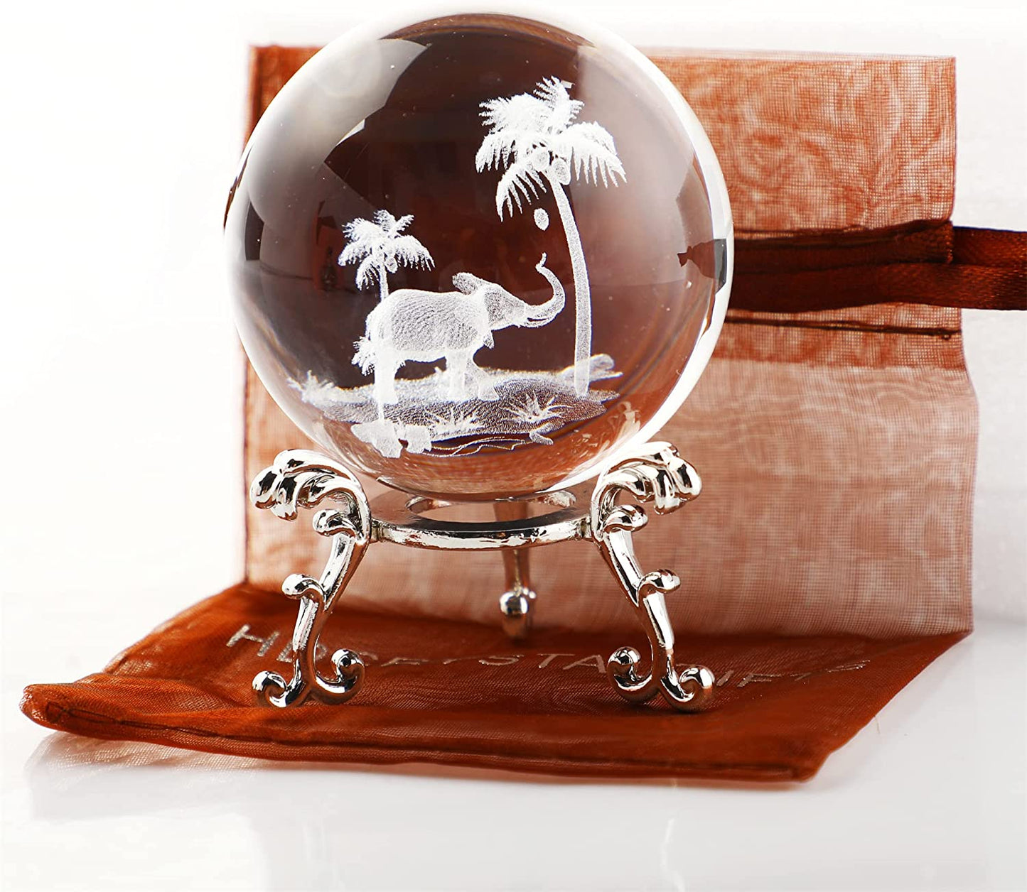 Tropical Elephant Crystal Ball Paperweight w/ Stand 60mm 3D Laser Engraved (Clear) Elephant-2