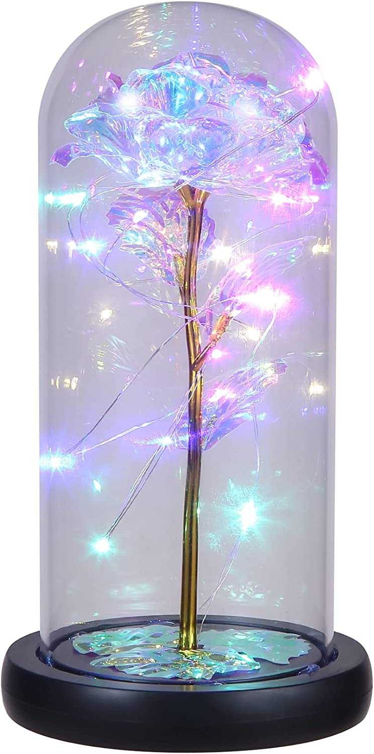 Galaxy Flower Rose Gift, Artificial Rose Flower LED Light String on Glass Colorful Flowers