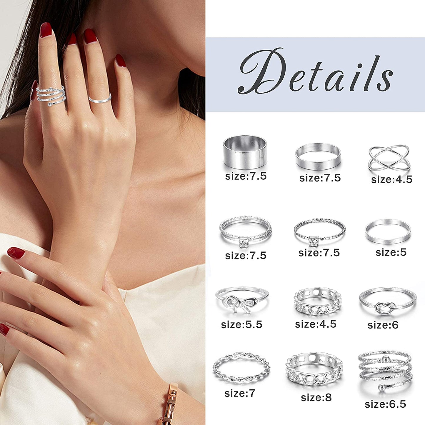 65PCS Bohemian Knuckle Ring Midi Hollow Silver Gold Vintage Stackable Ring Set