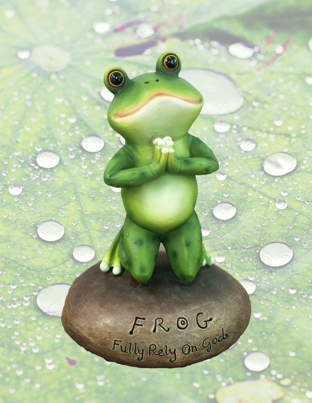 Inspirational Cute Praying Frog On Rock Statue