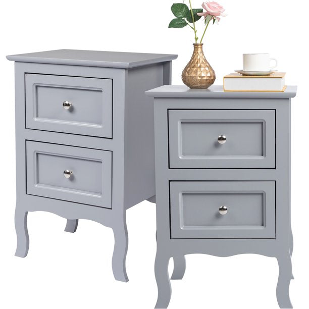 Set of 2 Nightstand Bedroom Bedside Table with Drawers Storage, Country Style Night End Table with Mental Handle, Gray