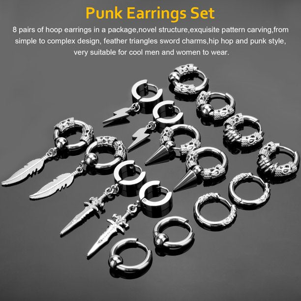 8Pairs Stainless Steel Huggie Hoop Earrings, TSV Punk Hip Hop Cool Earrings for Men Women Hypoallergenic