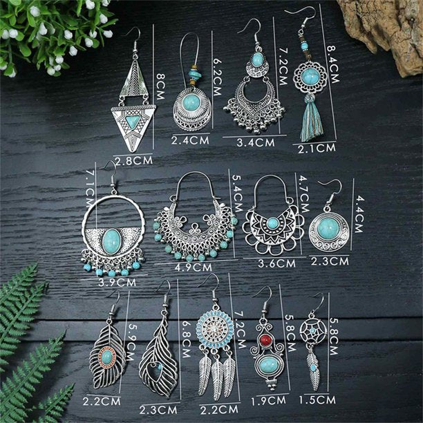 13 Pairs Hypoallergenic Simulated Turquoise  Dangle Drop Boho Earrings for Women-Hypoallergenic