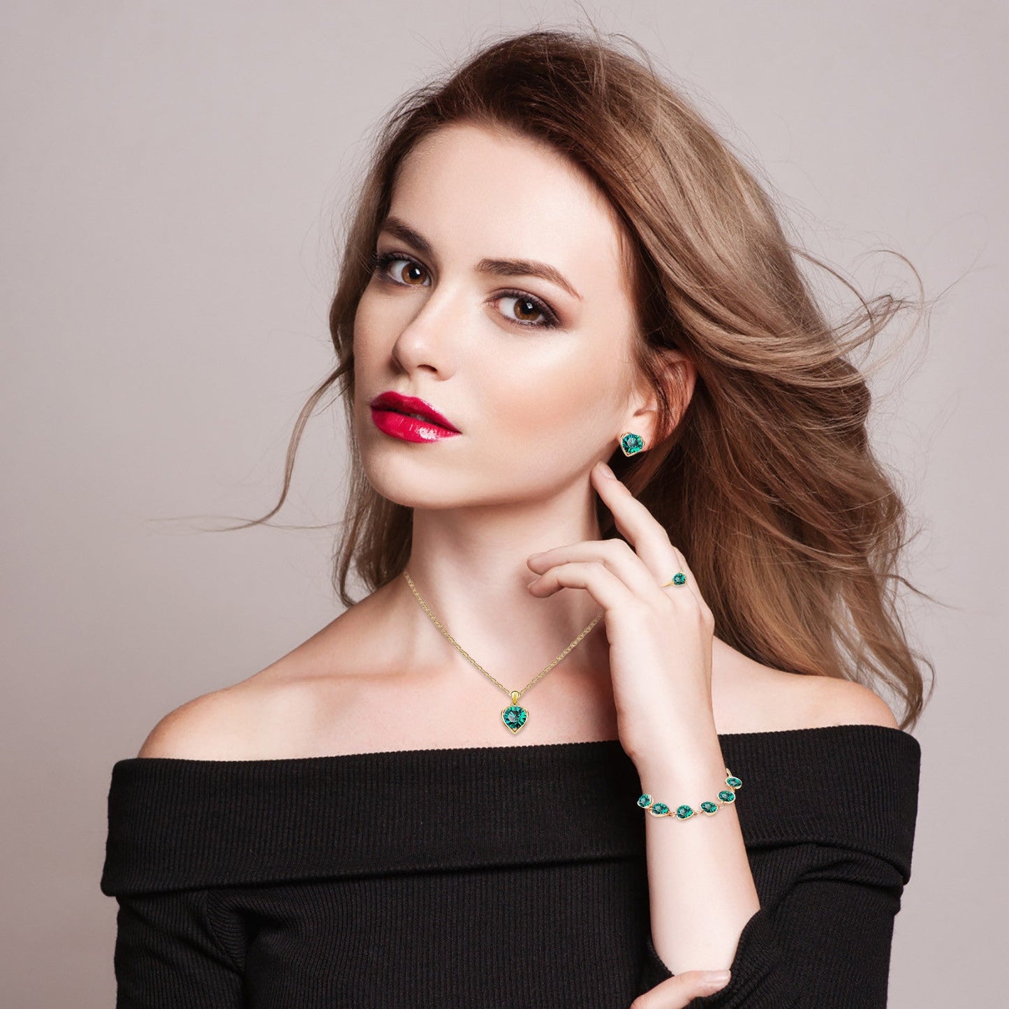 Crystal Heart Necklace Earrings Ring Bracelet Set for Women