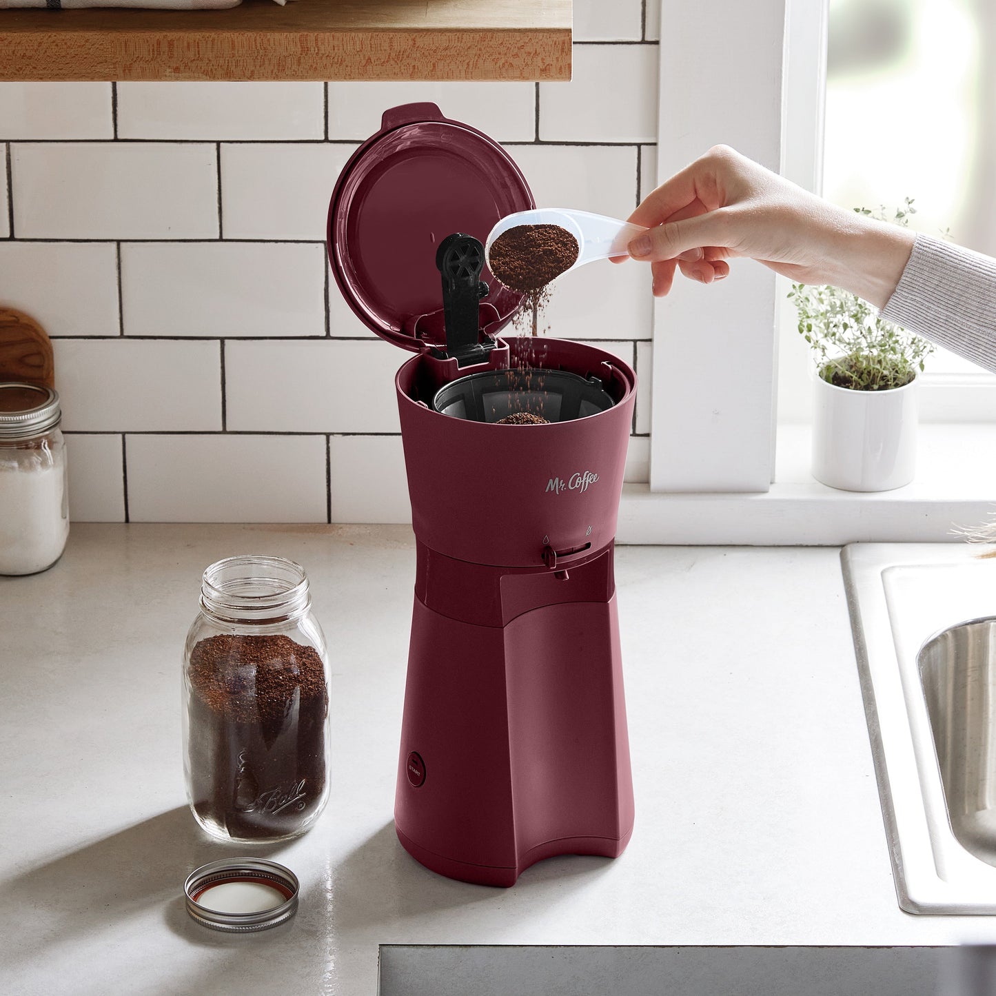 Iced Coffee Maker with Reusable Tumbler and Coffee Filter, Burgundy