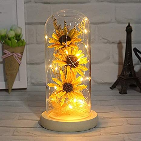 Artificial Sunflower in Glass Dome Gifts for Women w/ LED Lights