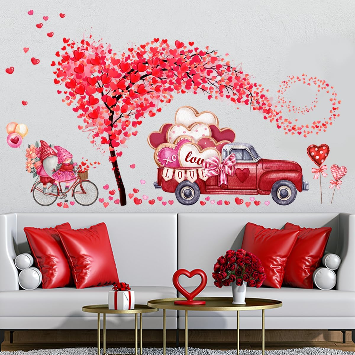 Valentine's Day Wall Decals Stickers 2 Sheets Heart Tree Gnome Red Truck Wall Stickers Removable Valentines Stickers Heart Wall Decor Love Car Decal for Anniversary Valentines Day Living Room Decor