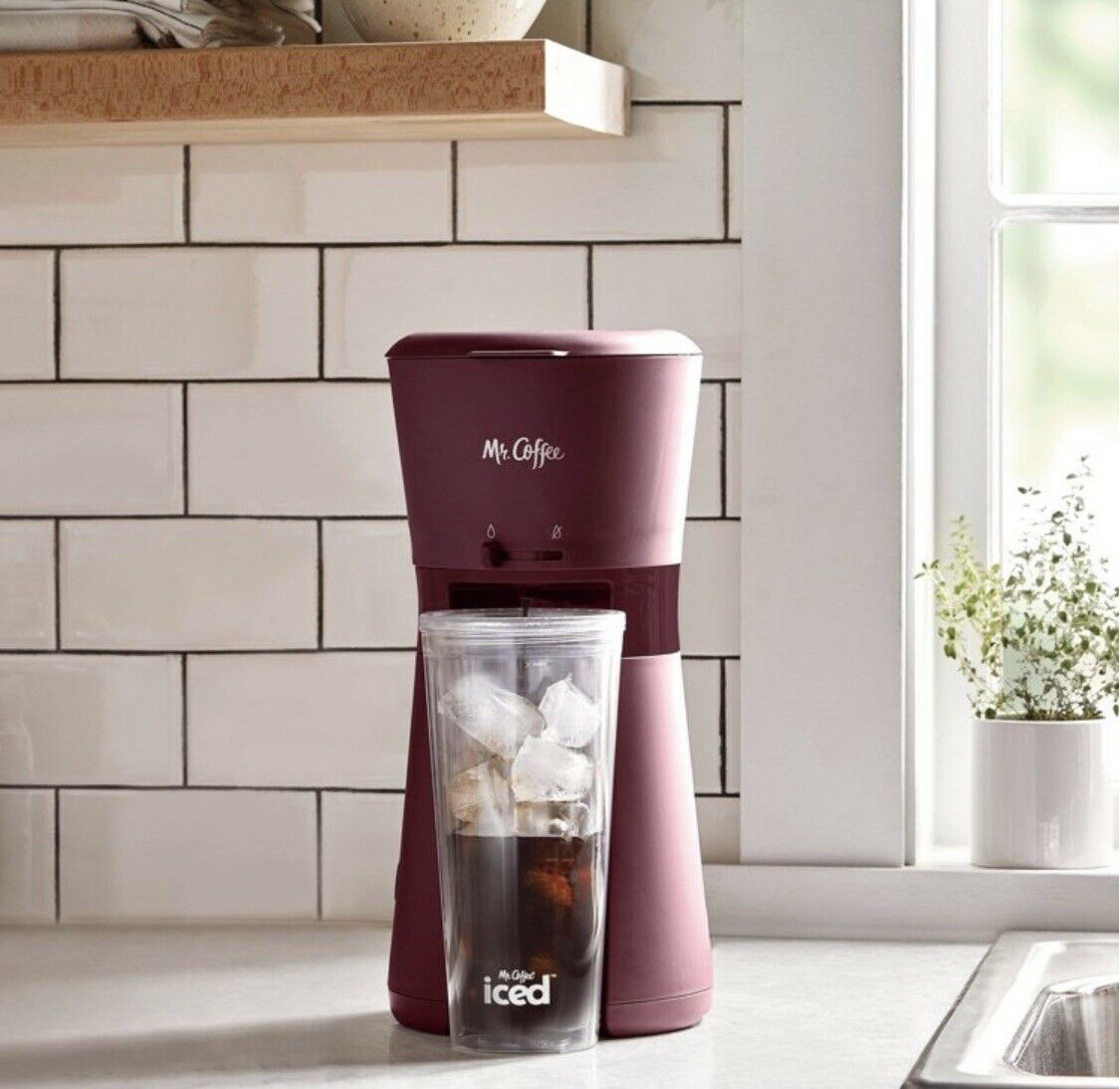 Iced Coffee Maker with Reusable Tumbler and Coffee Filter, Burgundy