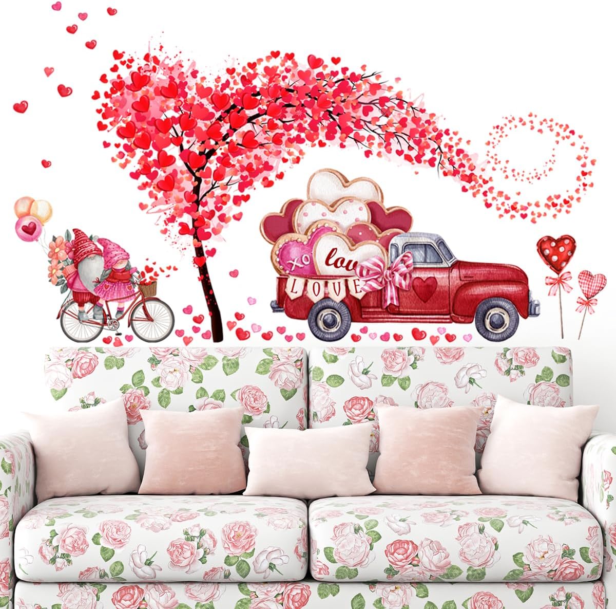 Valentine's Day Wall Decals Stickers 2 Sheets Heart Tree Gnome Red Truck Wall Stickers Removable Valentines Stickers Heart Wall Decor Love Car Decal for Anniversary Valentines Day Living Room Decor