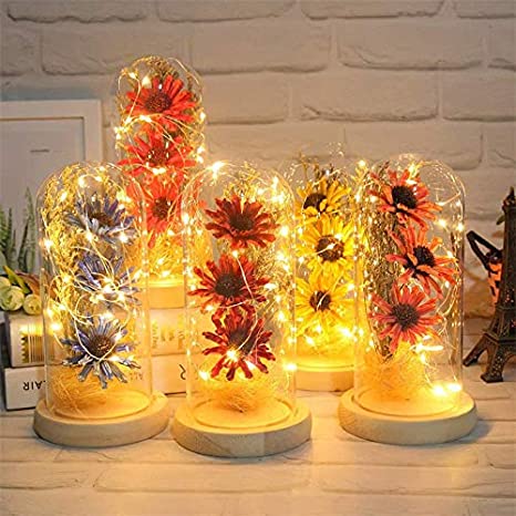 Artificial Sunflower in Glass Dome Gifts for Women w/ LED Lights