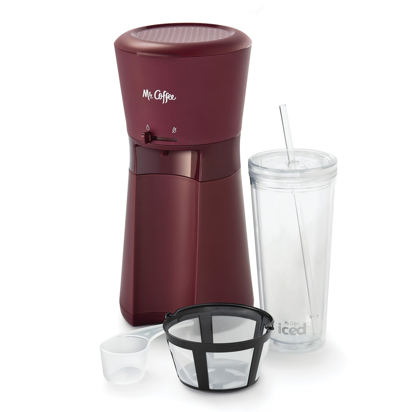 Iced Coffee Maker with Reusable Tumbler and Coffee Filter, Burgundy