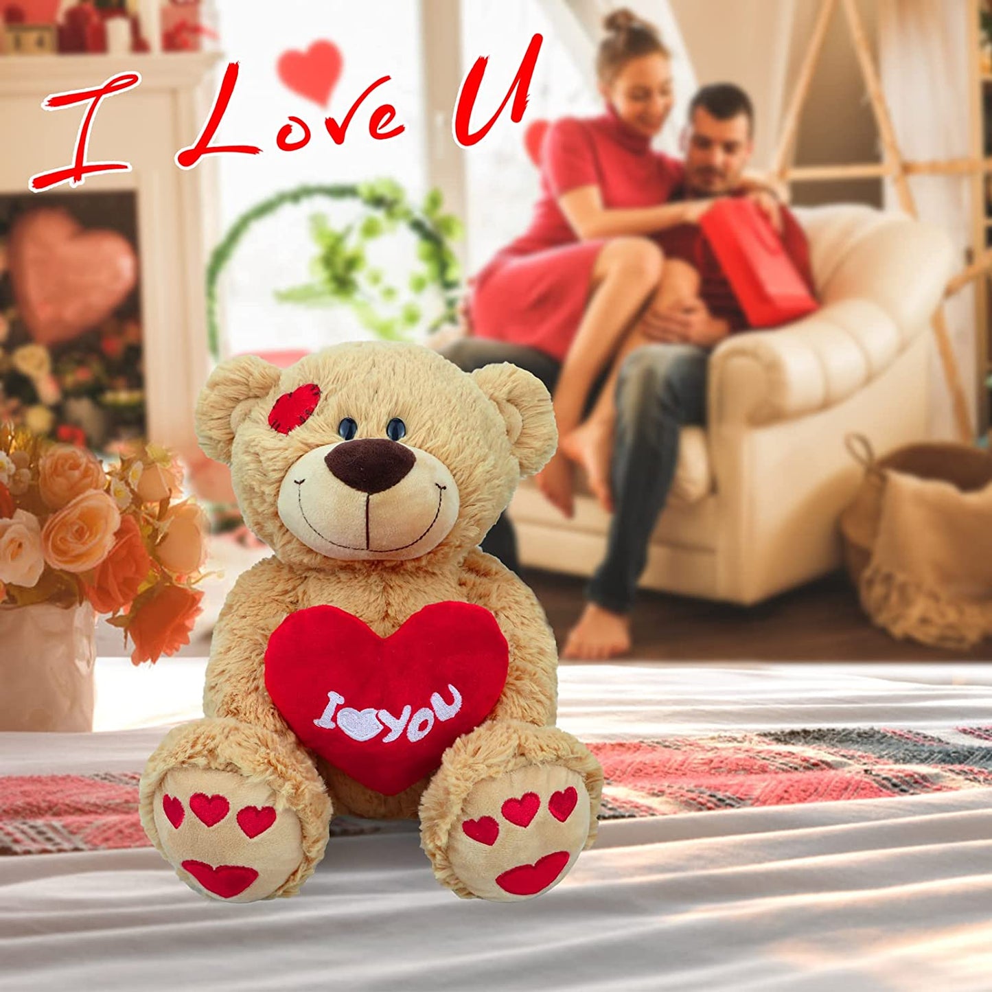 I Love You Teddy Bear, 10" Plush Stuffed Bear w/ Red Heart for Valentines Day Gift