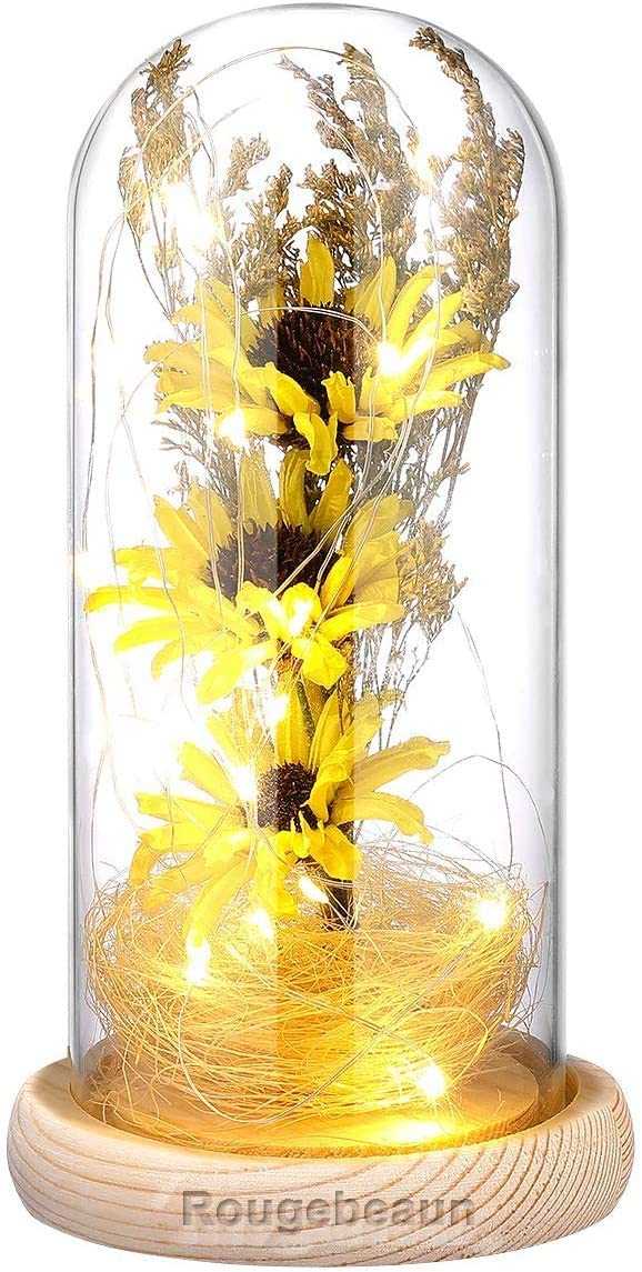 Artificial Sunflower in Glass Dome Gifts for Women w/ LED Lights