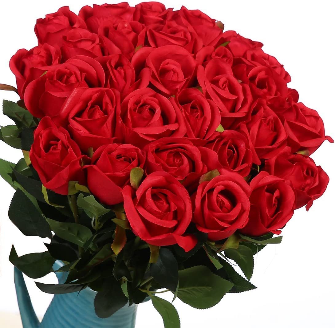 Artificial Red Flowers Silk Roses Fake Bridal for Wedding Bouquet 10 Pcs (Rose Bud-Red)