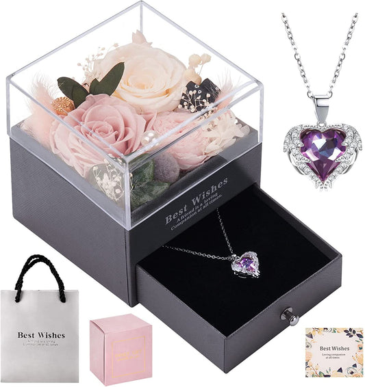 Forever Preserved Real Rose Eternal Flowers With White Gold Plated Necklace, Pink