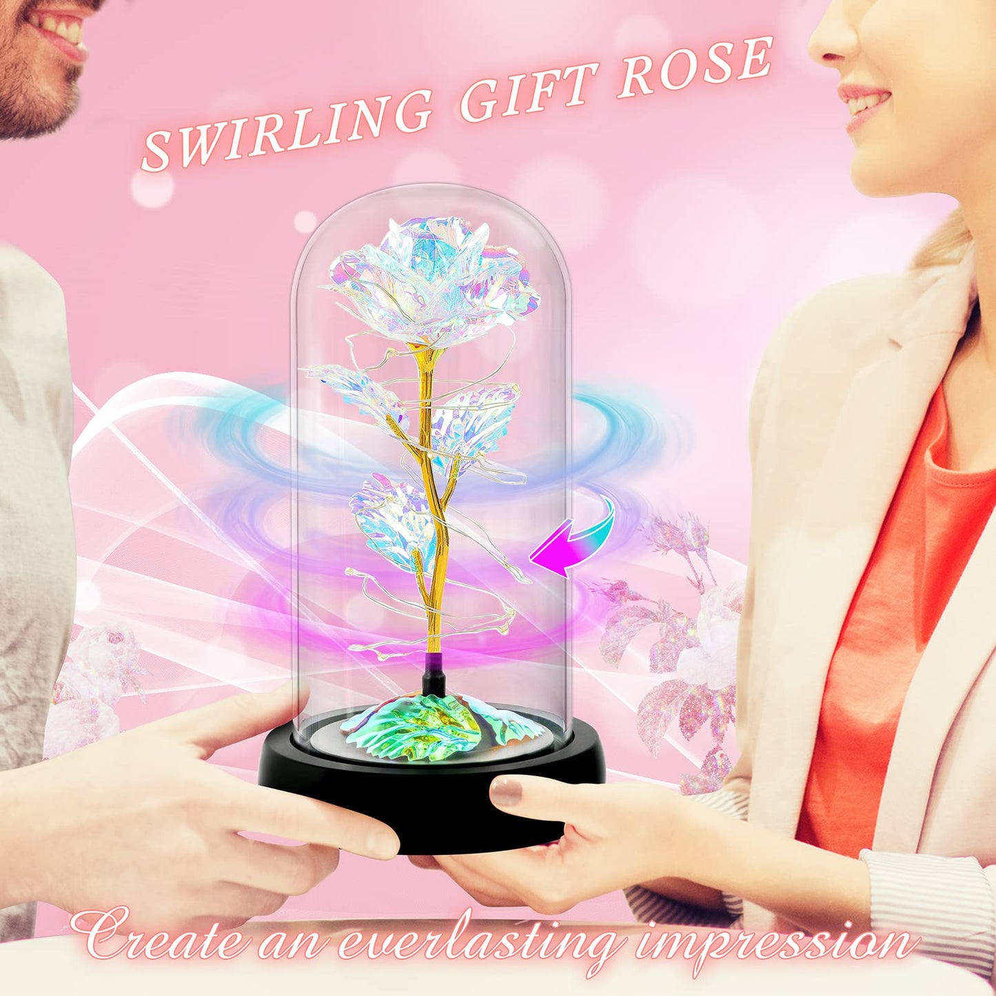 Rotating Romantic Roses Light Up Rose in Glass Dome, Spinning Colorful Artificial Rose Flower Gifts for Her