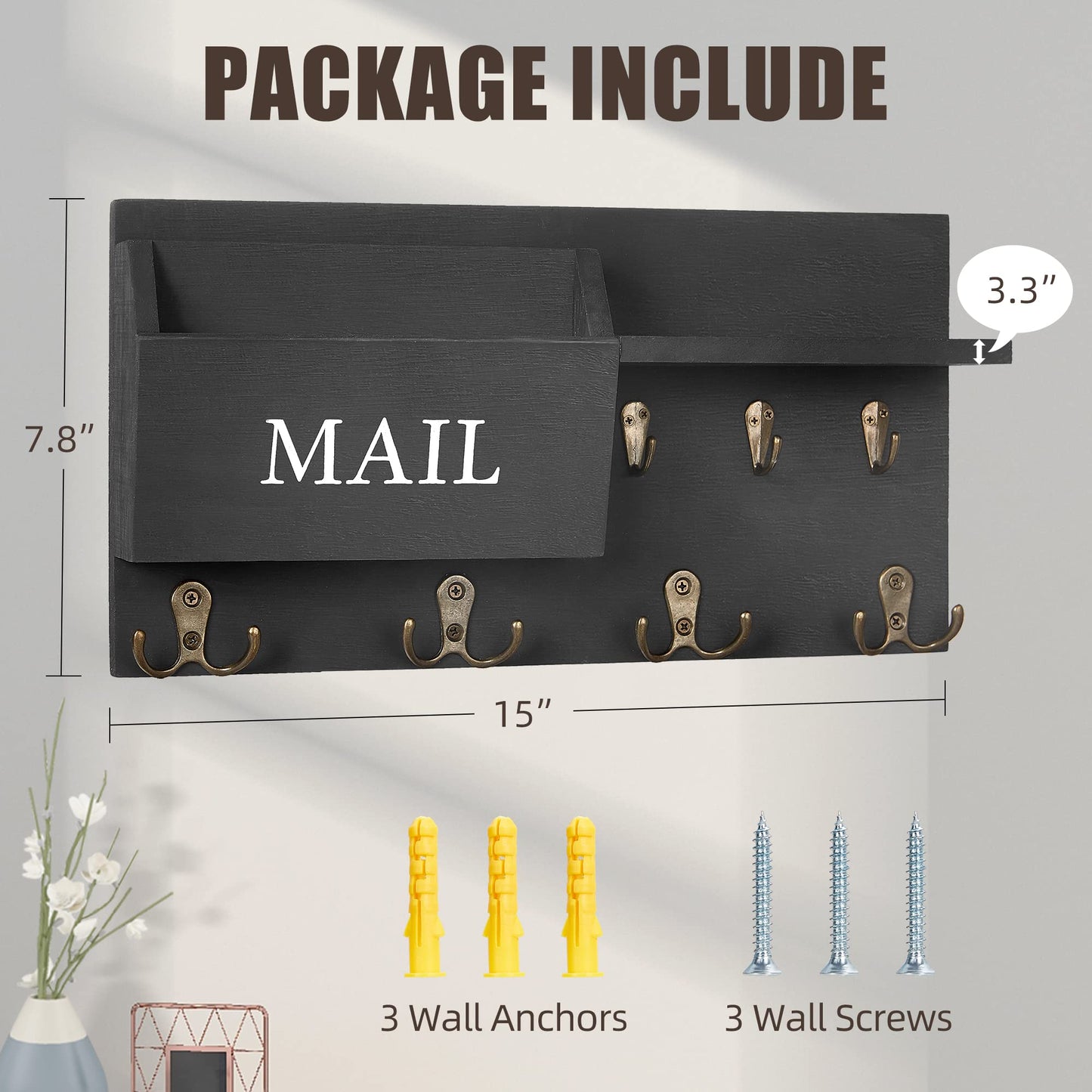 Key Holder for Wall, Mail and Key Hanger Wall Mount with Double Key Hook and Hat Coat Rack Shelf