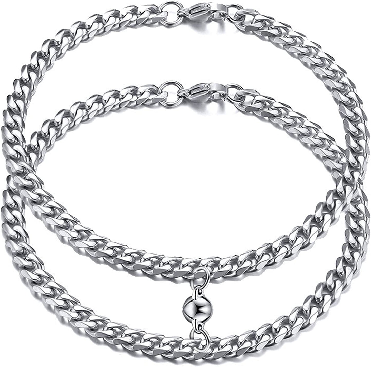 2pcs/Set Couple Bracelet Matching Bracelet, Stainless Steel Cuban/ Figaro Chain 7" & 8.25"