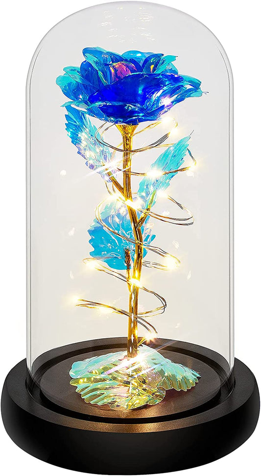 Valentines Day Rose Gift, Blue Colorful Artificial Flower, Light Up Rose Flower in Glass Dome