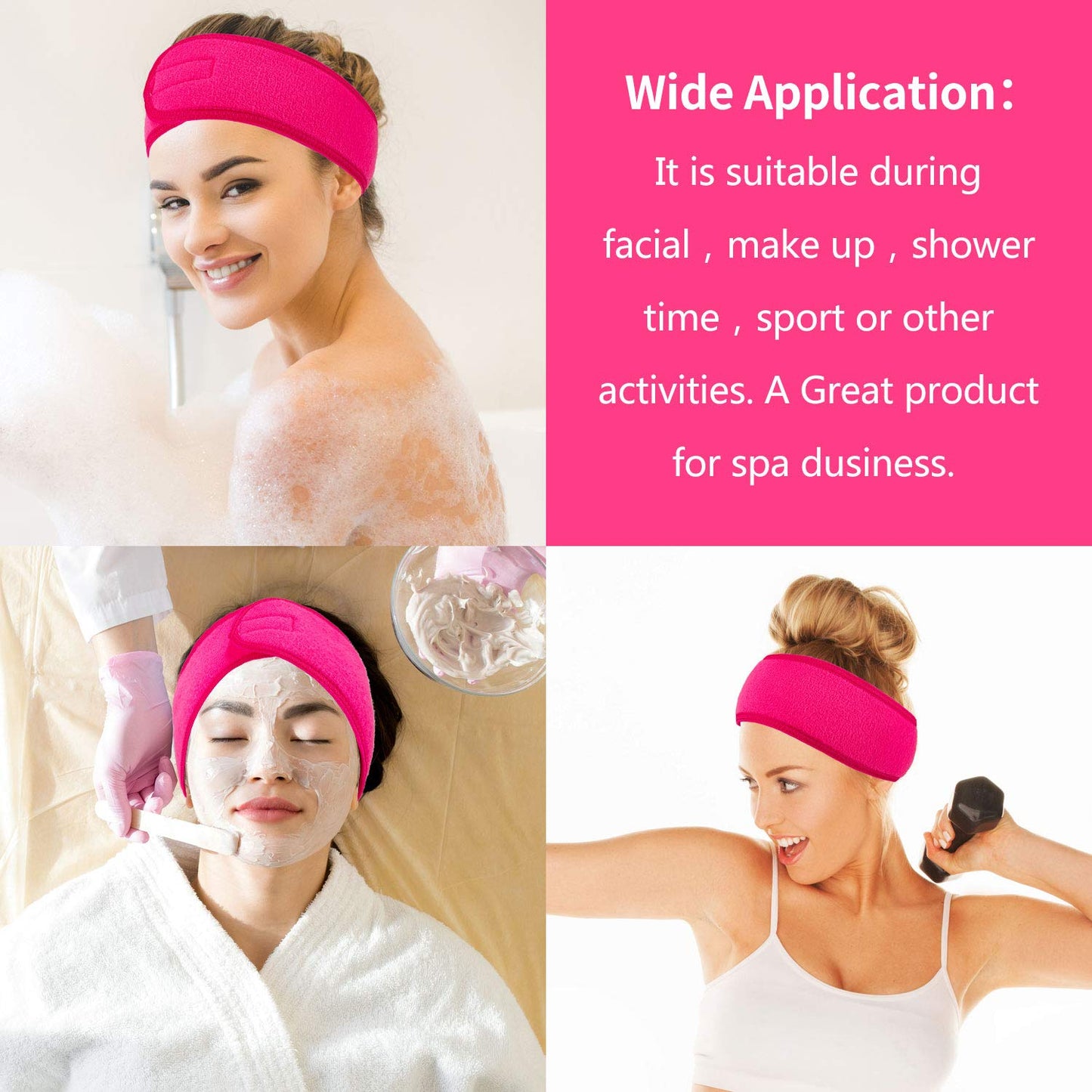 4 Packs Head Wrap Terry Cloth Headband Adjustable Stretch Towel for Bath, Makeup and Sport (Rose Red)