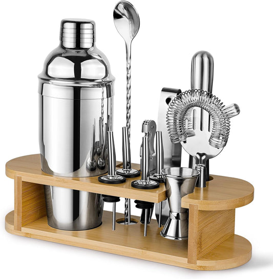 Cocktail Shaker Set Bartender Kit with Stand, 12-Piece Stainless Steel Bar Tools Set with All Essential Bar Accessories, Home Essentials Drink Mixer Set with Martini Shaker Jigger Muddler Strainer