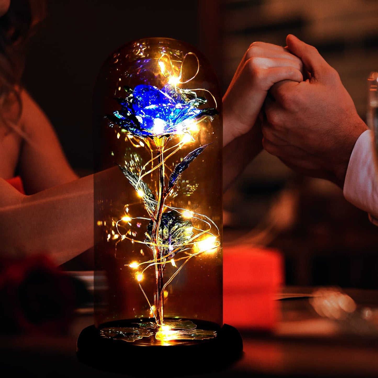 Valentines Rose Flower Gifts, Beauty & The Beast Rose, Galaxy Rose in A Glass Dome w/ LED Light, Blue